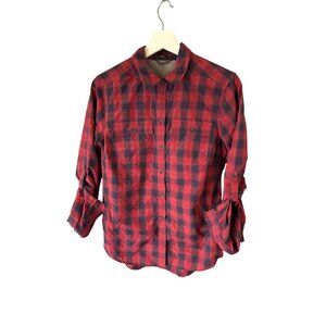 Eddie Bauer Women's Plaid Shirt Red Navy Small Roll Tab Casual Button Up